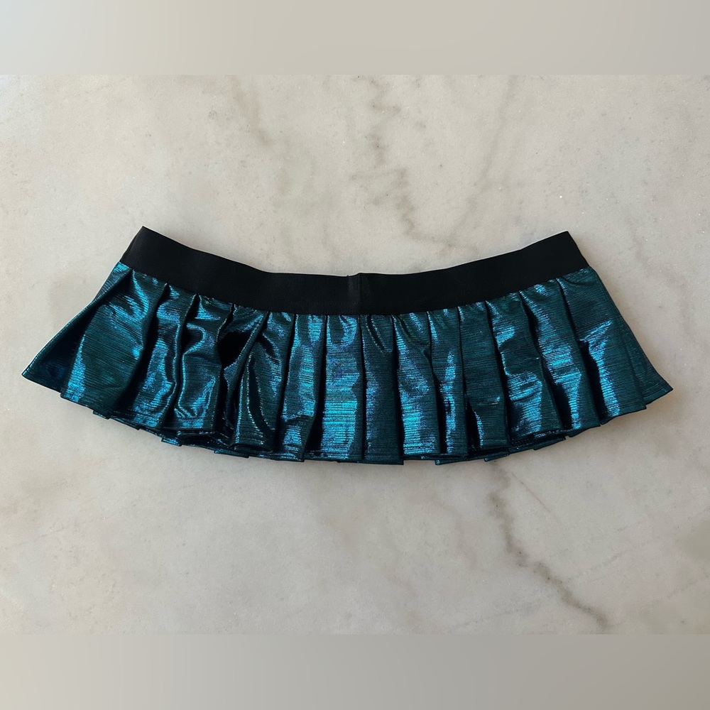 Metallic Teal Elastic Schoolgirl Pleated Mini Skirt